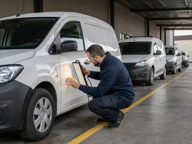 Especialista inspeccionando una fila de vehículos de empresa