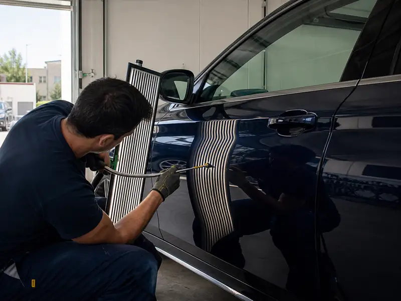 Varillero trabajando una abolladura con una pantalla de reflexión sobre una puerta azul